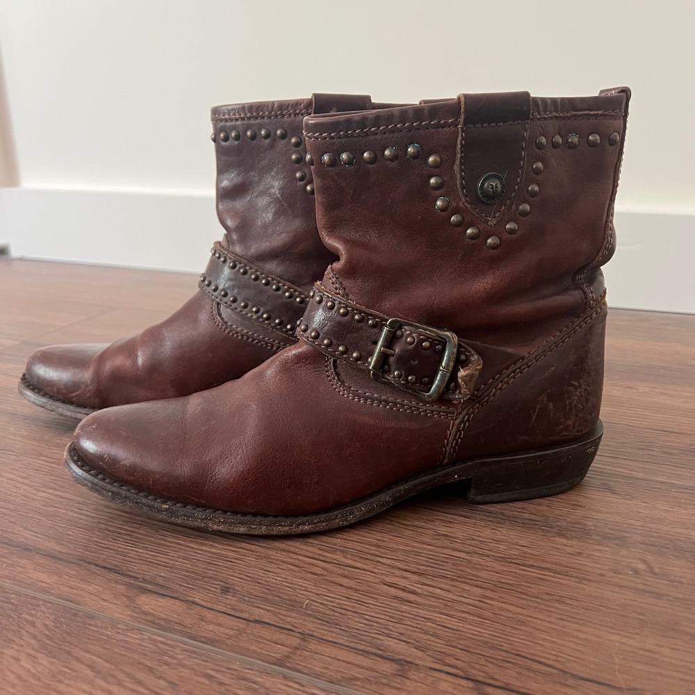 Frye Phillip Studded Harness Boots Brown Leather Ankle Moto‎ 75522 Womens 6.5 B